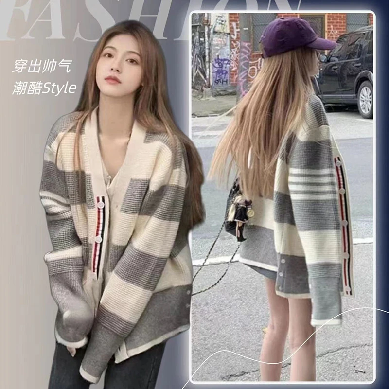 韩系条纹针织开衫上衣女秋冬新款简约纽扣V领时尚毛衣外套学院风