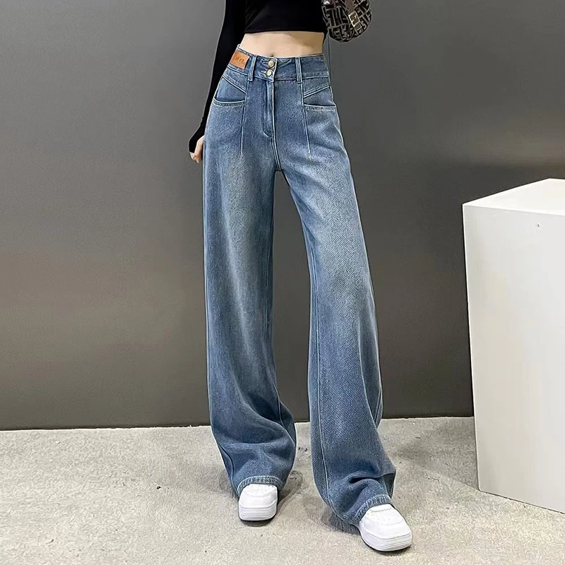 美式星空纹高腰直筒阔腿牛仔裤女早秋新款垂感修身显瘦百搭拖地裤