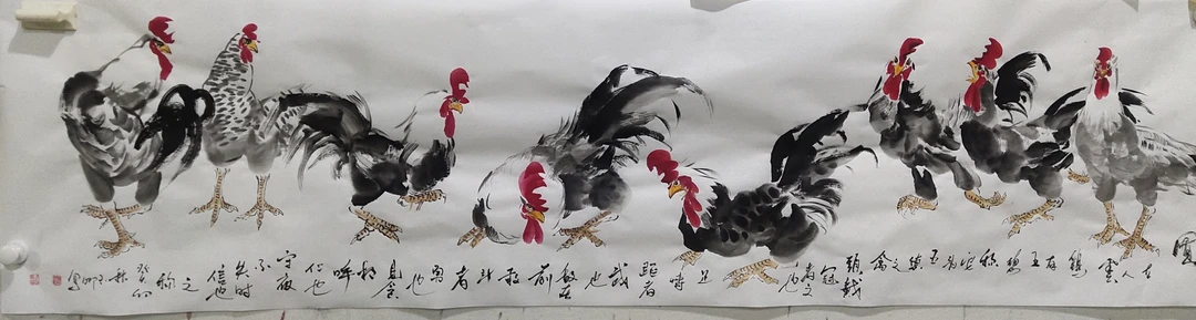 刘玉卿纯手绘八鸡图