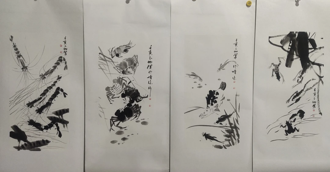 刘玉卿手绘水墨四条屏，每幅高69Cm，宽34Cm