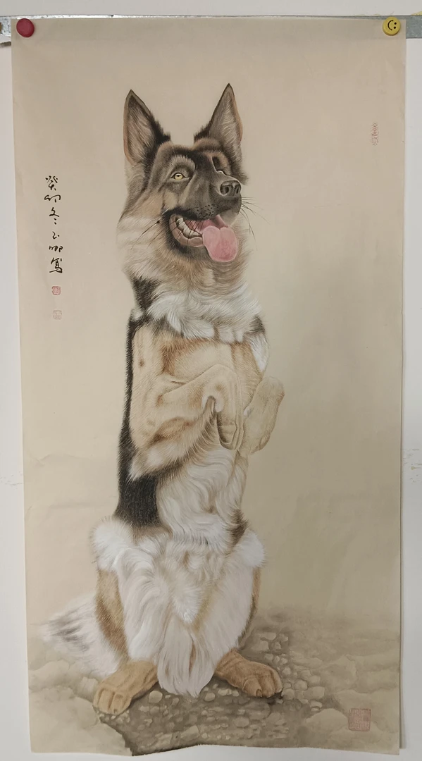 刘玉卿手绘工笔狼犬，高140Cm，宽70Cm