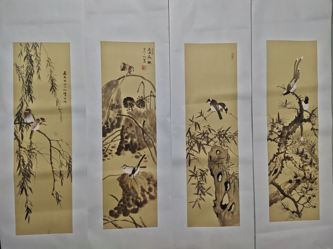 刘玉卿纯手绘精品花鸟四条屏，每条画芯高114Cm，宽33Cm