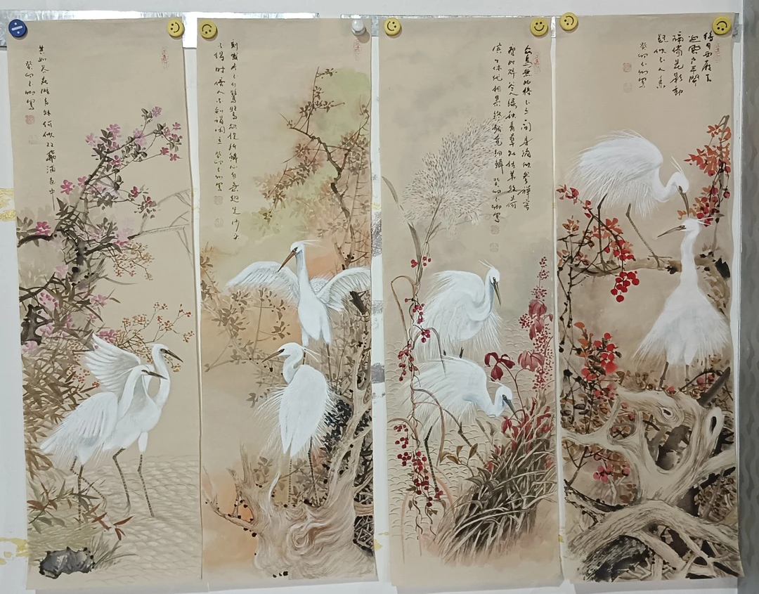 刘玉卿纯手绘白鹭四条屏