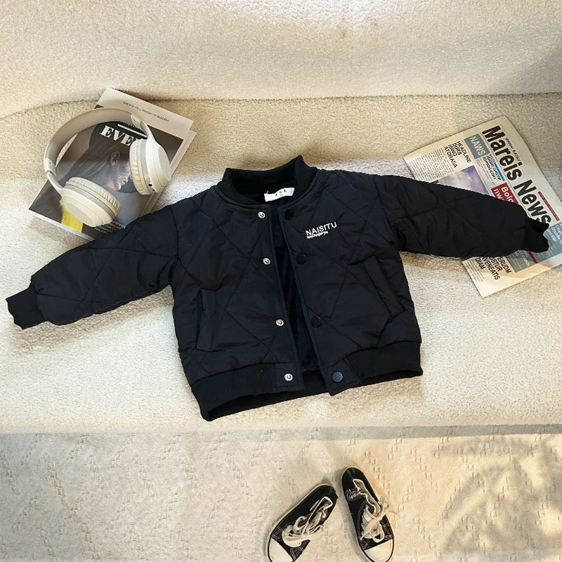 男童加绒外套2024新款儿童冬装轻薄棉衣小童宝宝秋冬季夹棉棒球服