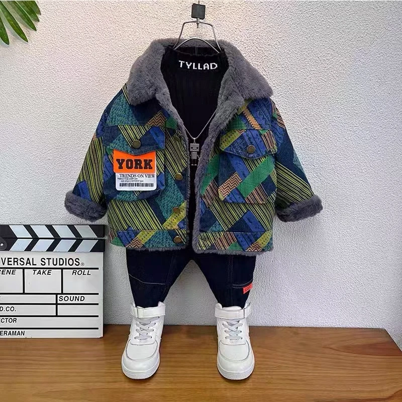 男童秋冬加绒外套2024新款加厚儿童冬季棉服男孩洋气牛仔棉衣童装