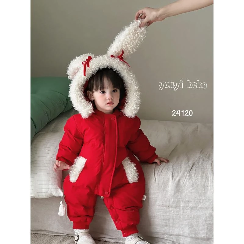 婴儿宝宝红色绒绒兔耳朵满月百天周岁年服白鸭绒羽绒服2720