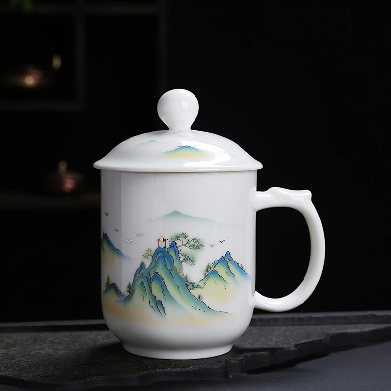 私人定制刻字羊脂玉茶杯茶水分离陶瓷办公杯带盖泡茶过滤杯伴手礼