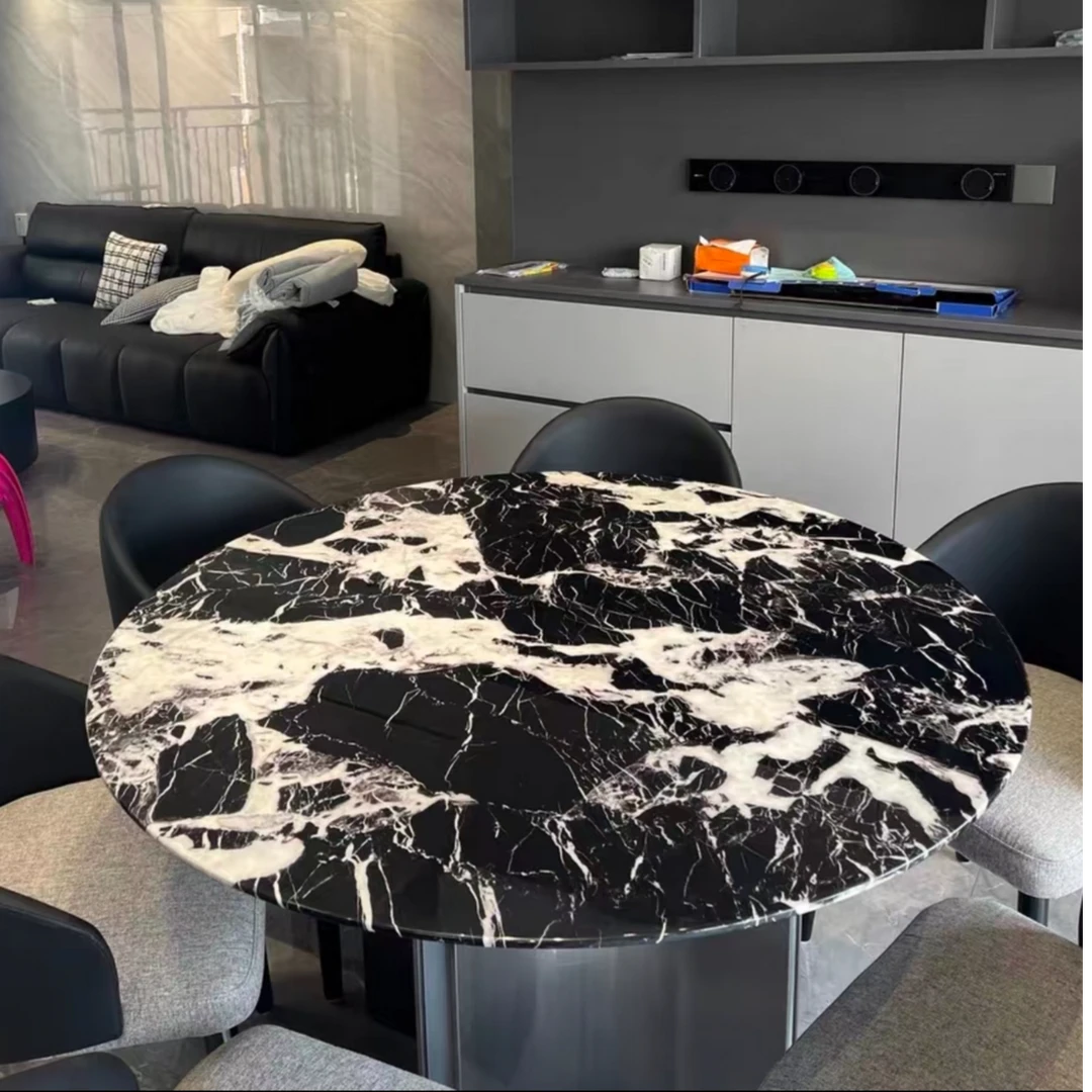 宝格丽黑奢石餐桌奶油风法国进口天然大理石现代简约高级圆形饭桌