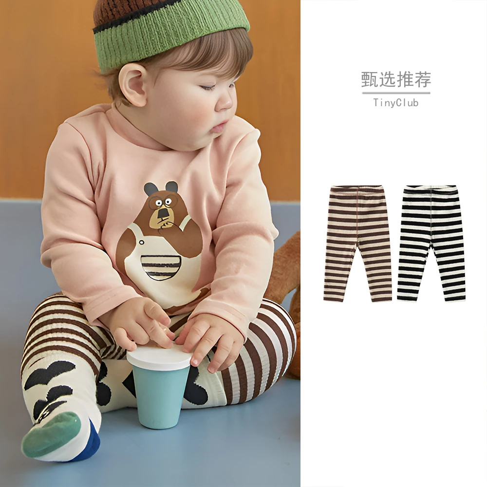 2024新款小女孩磨毛打底裤宝宝加厚条纹百搭长裤女童贴身保暖裤子