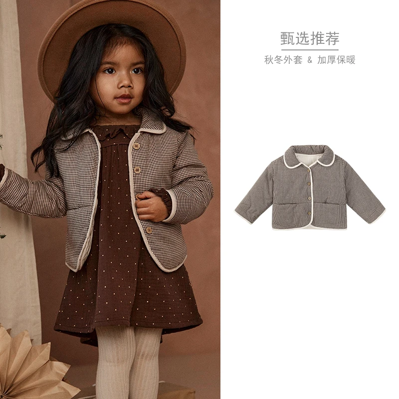宝宝夹棉格子外套秋冬2024新款小童时髦洋气翻领外衣加厚冬装