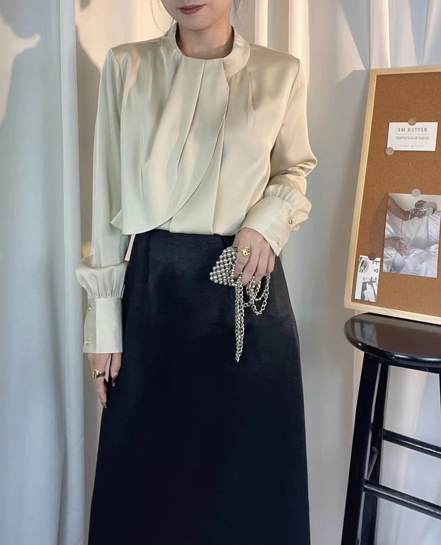 荷叶边醋酸上衣轻奢百搭女装秋冬新款