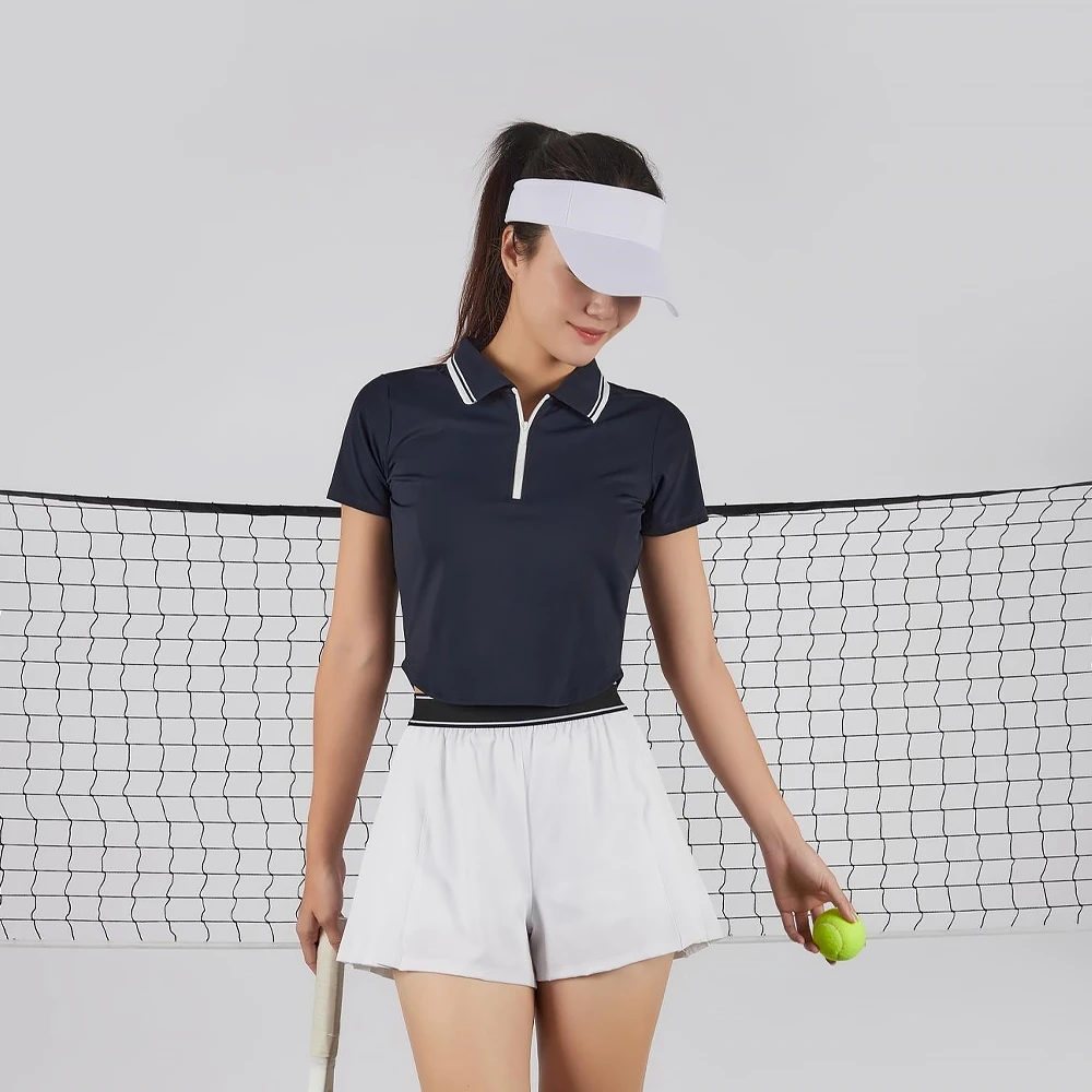 半拉链翻领运动短袖女圆弧下摆宽松健身上衣裸感修身透气瑜伽服夏