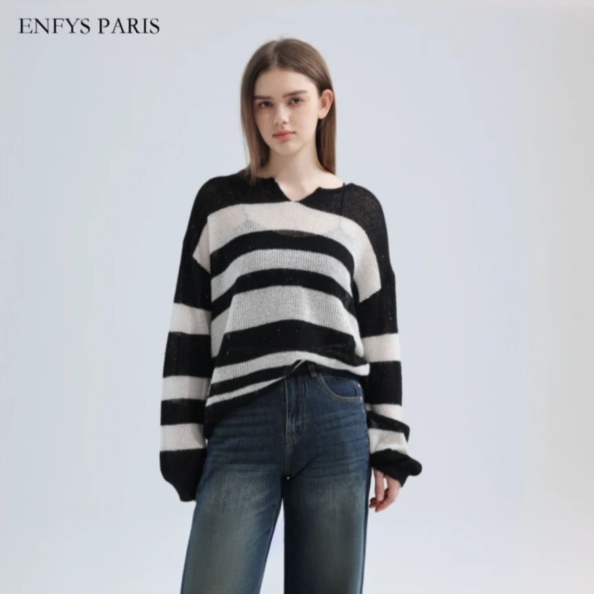 全新未使用  ENFYS PARIS 黑白条纹薄款长袖针织衫