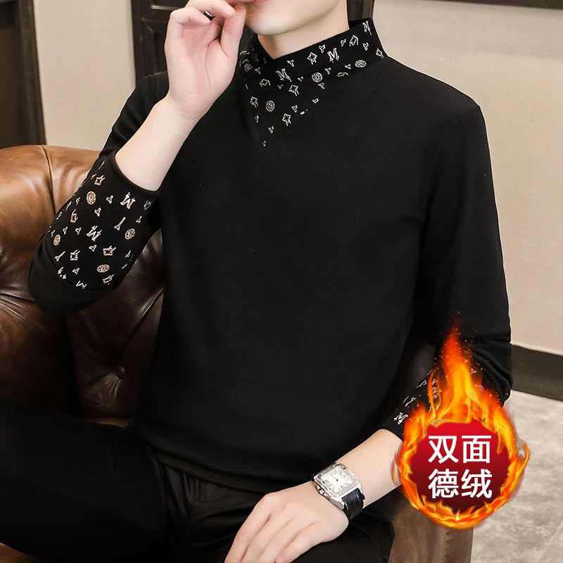 2024新款德绒假两件半高领男士打底衫秋冬加绒长袖保暖上衣男中领
