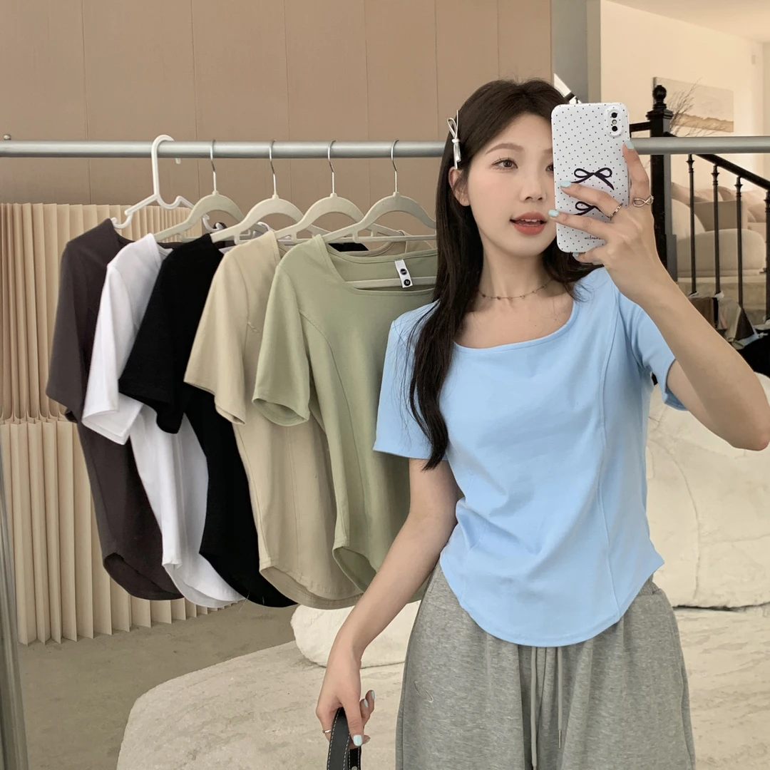 大码正肩方领短袖t恤女胖mm遮肚显瘦2024夏季新款洋气不规则上衣