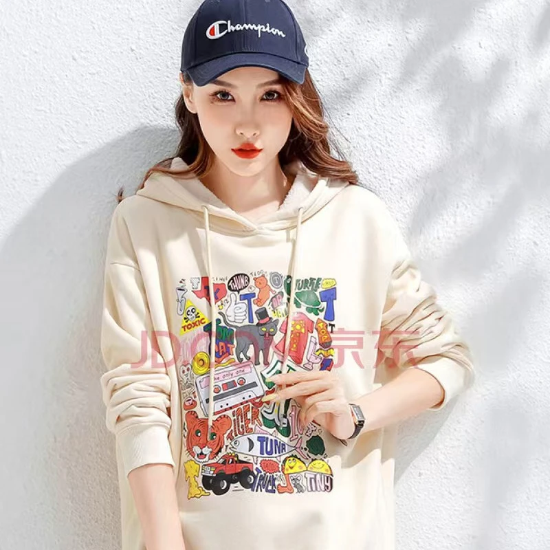 男女同款卫衣百搭款春秋时尚休闲连帽宽松中长款洋气印花假两件