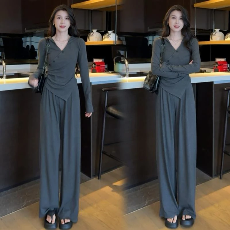 新款连帽气质收腰显瘦上衣+休闲直筒裤套装女气质显瘦时尚两件套