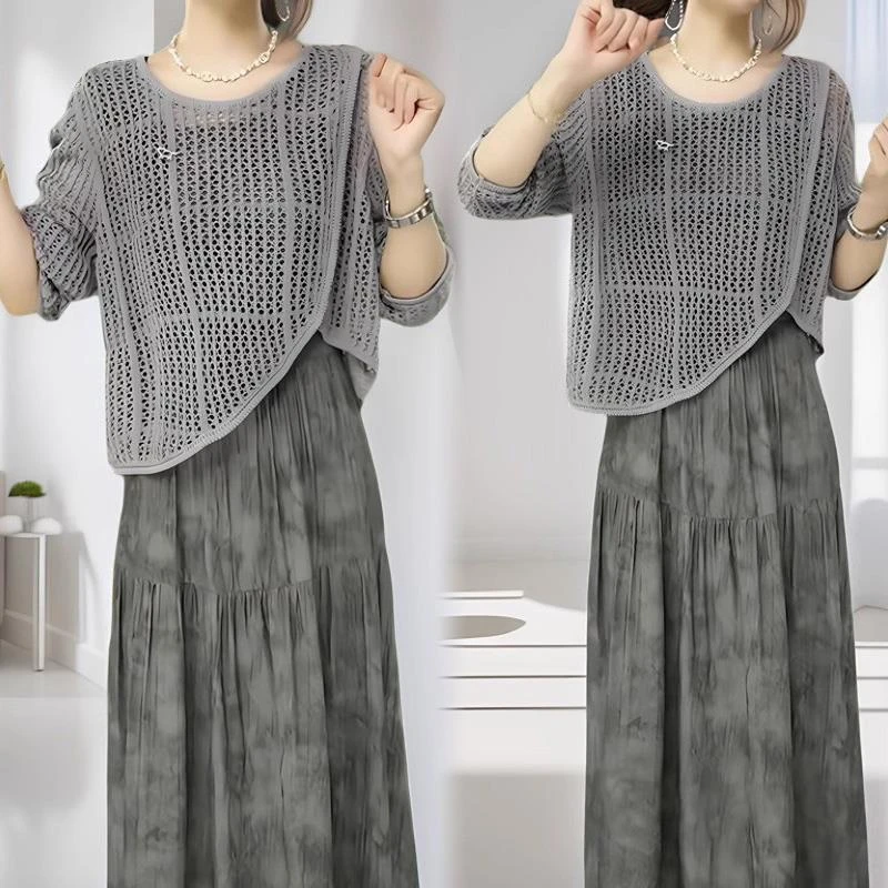 2024秋季新款时尚印花连衣裙两件套女气质显瘦镂空上衣吊带裙套装