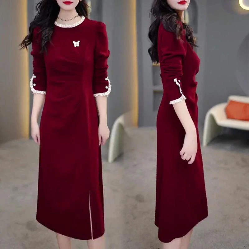 设计感蕾丝拼接中长款开衩连衣裙女2024秋季新款时尚气质显瘦裙子