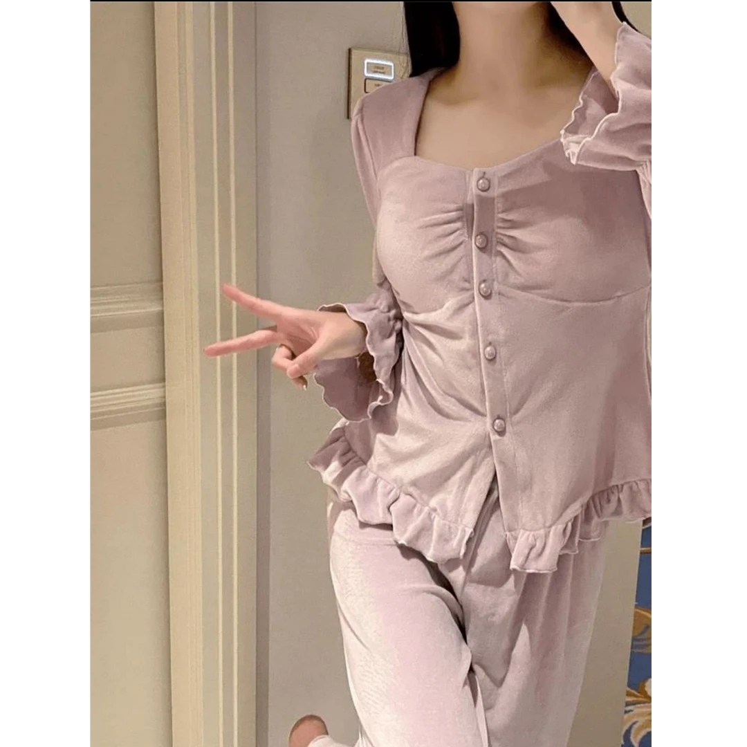 妮娜海岛绒带胸垫舒适长袖长裤家居服睡衣套装