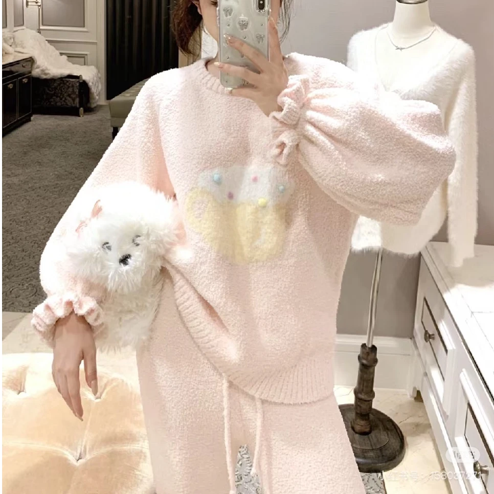 妮娜舒适半边绒羽毛纱卡通蛋糕粉色长袖长裤家居服睡衣套装