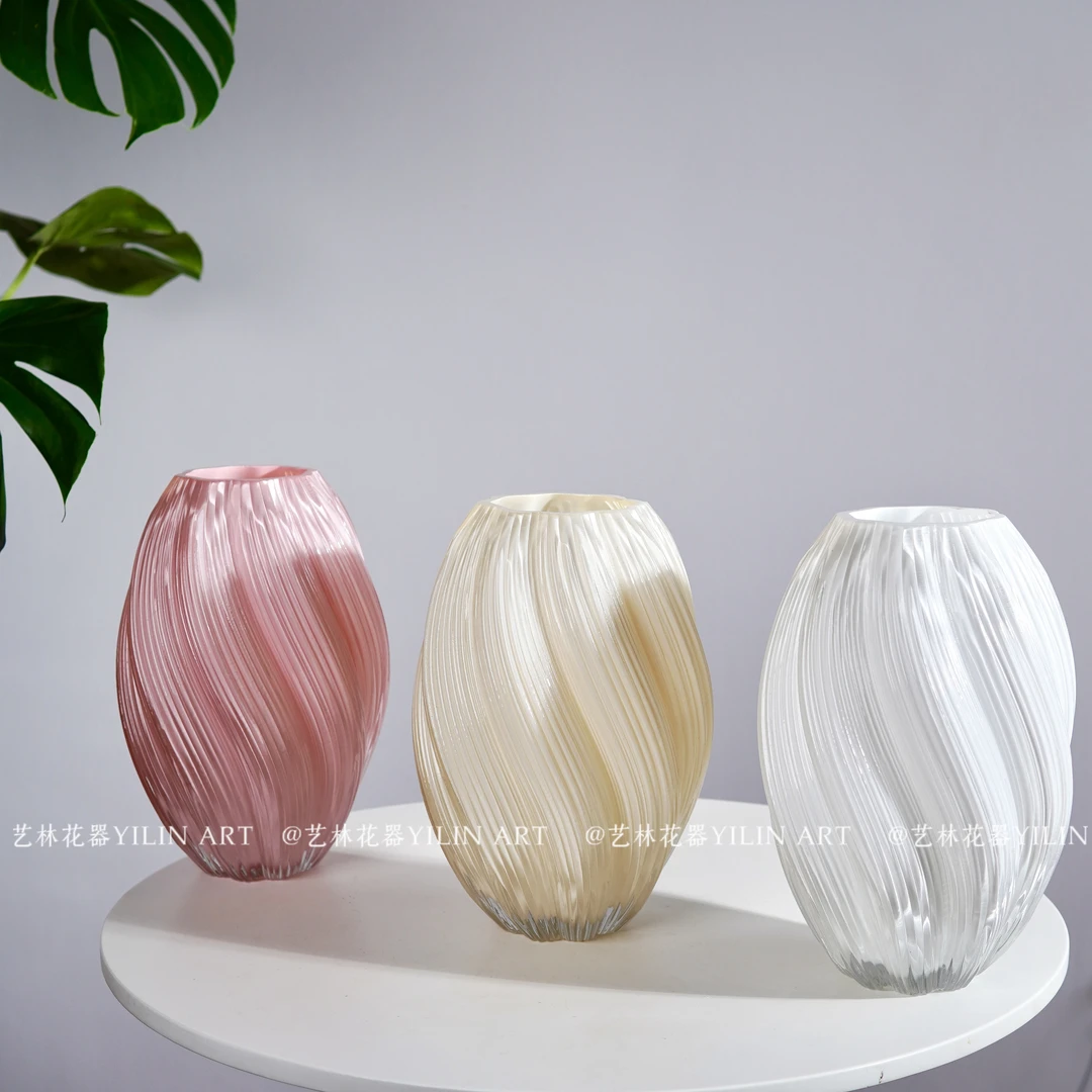【麦芽糖】北欧厚重奶油色简约条纹郁金香玻璃花瓶家用桌面装饰花器
