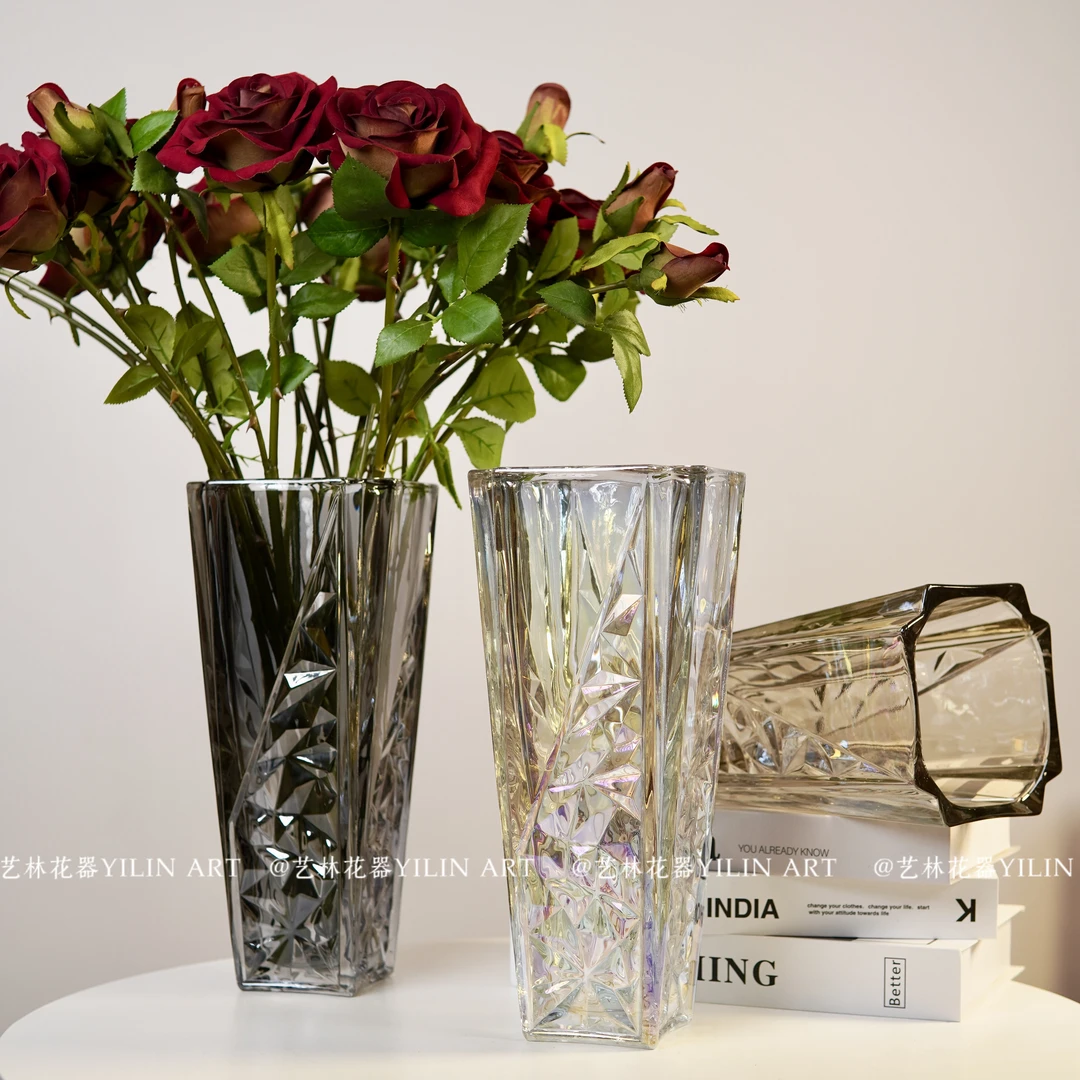 星空丨立体设计流线水晶玻璃花瓶复古香槟色花瓶电视柜家居装饰