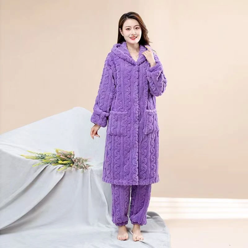 【年末清仓】连帽长款睡衣女秋冬套装睡袍珊瑚绒家居服加绒保暖加厚