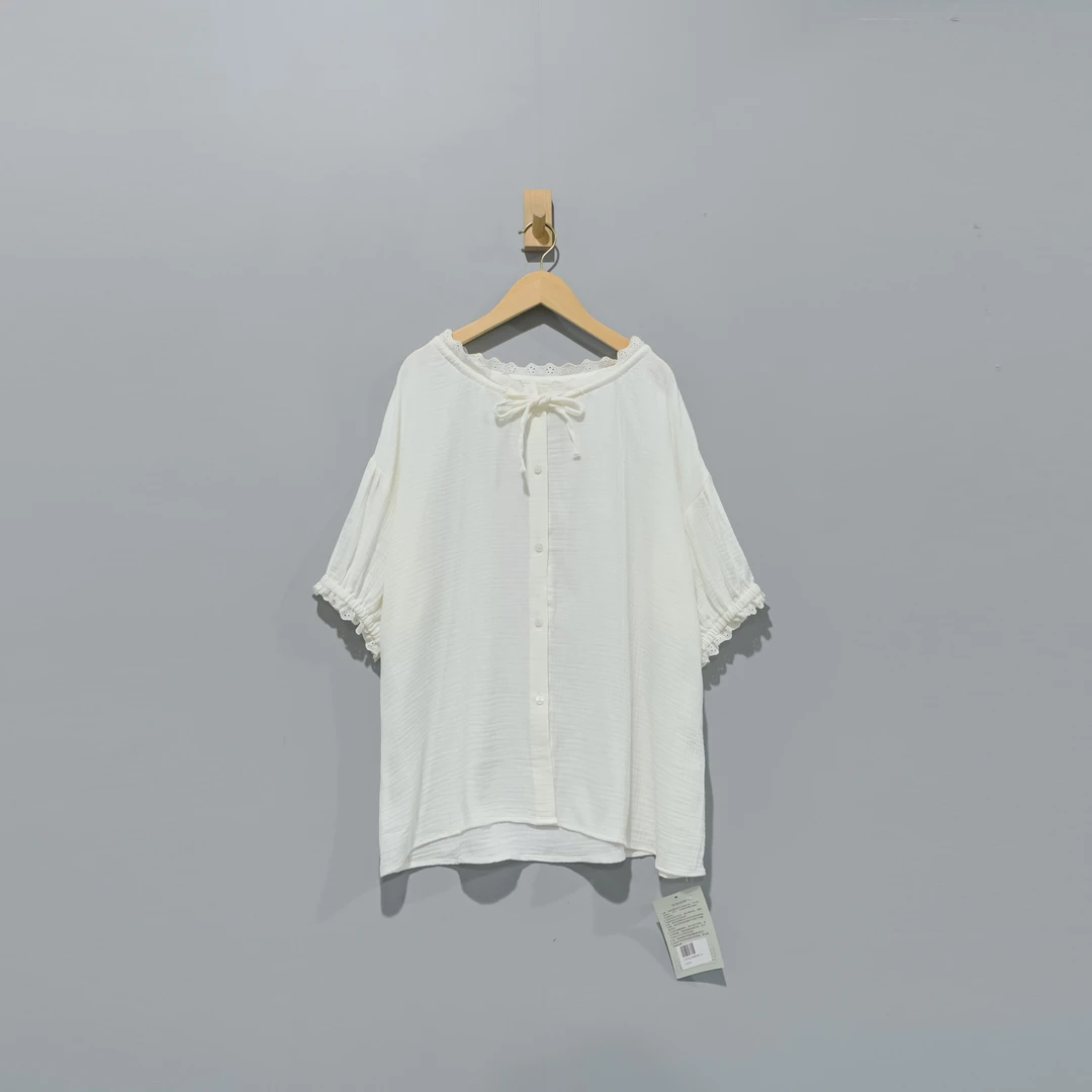 019762文艺肌理棉花边领系绳百搭衬衫 衣长68 胸围138