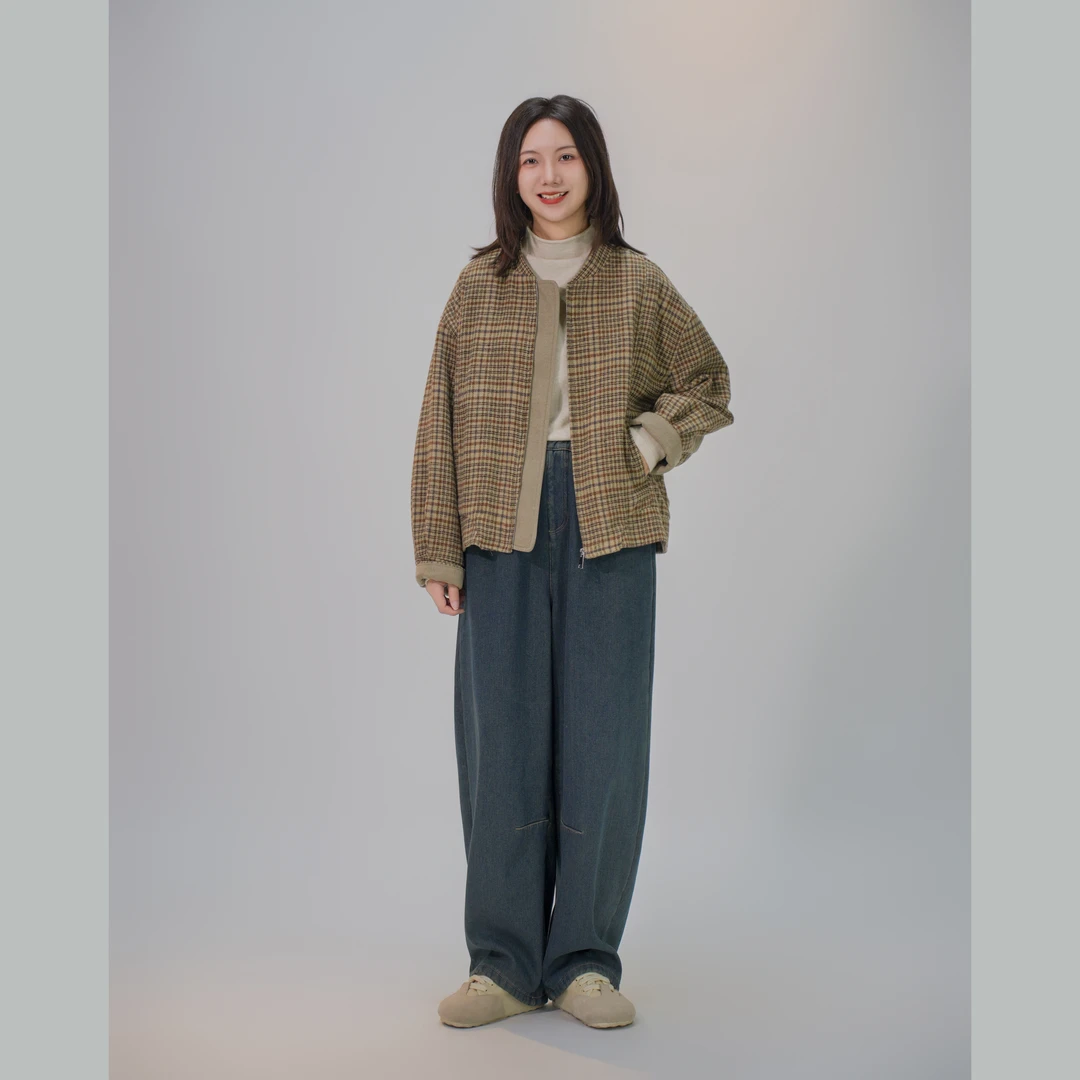 【且听风吟】0510760棒球领格子拉链厚款毛呢棉服外套衣长63胸围138