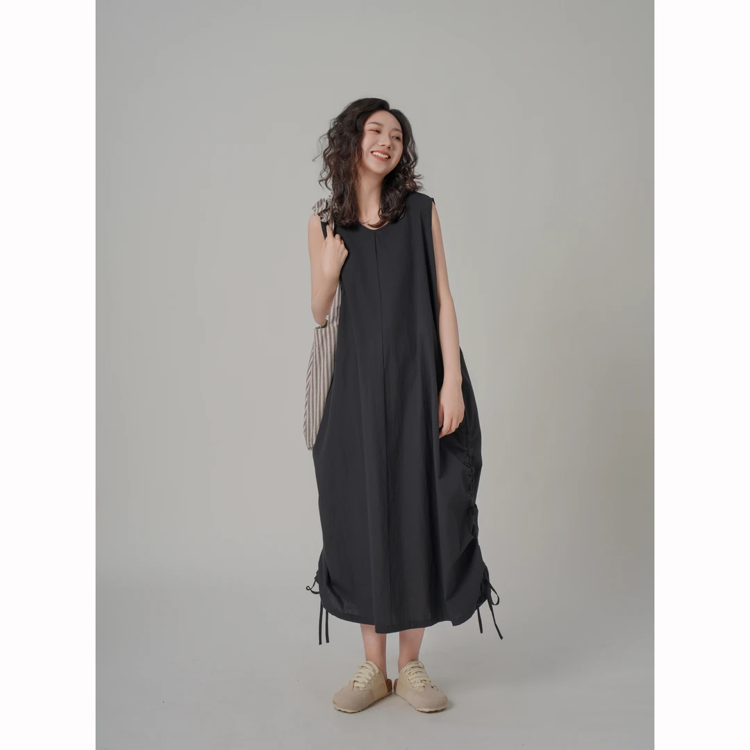 【且听风吟】0310369文艺棉麻V领无袖下摆抽绳连衣裙裙长123胸围130