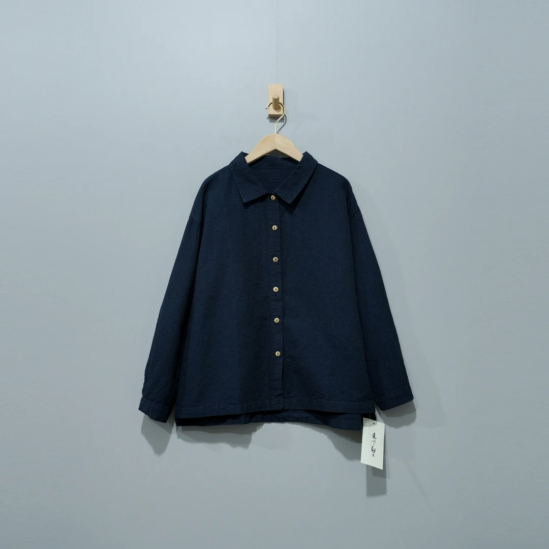 原单色织棉复古条纹文艺翻领长袖衬衫015799