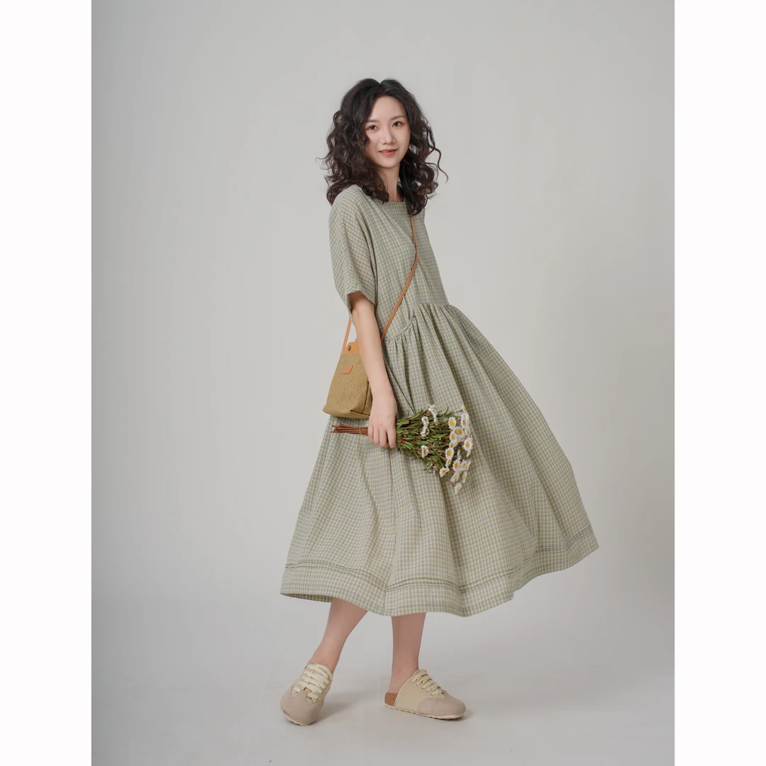 【且听风吟】0310362色织棉麻格子插肩袖腰带连衣裙 裙长114胸围134