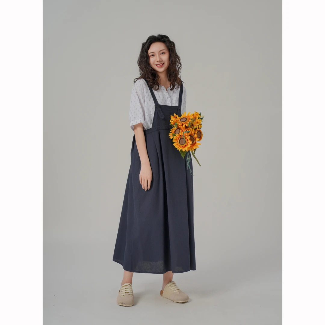 【且听风吟】0310250文艺麻棉色织条纹可调节背带裙 裙长82腰围100