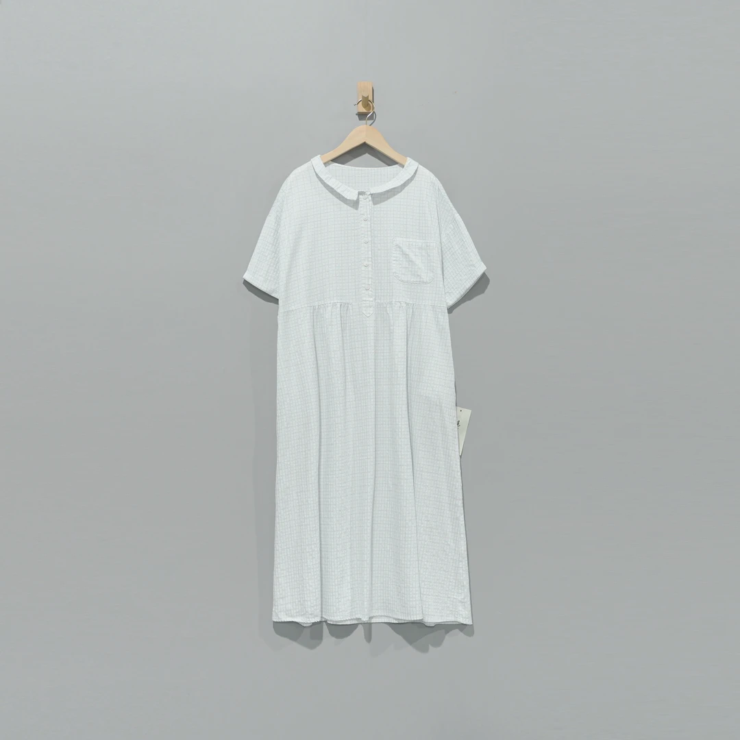 【且听风吟】0310218色织麻棉格子口袋腰带长裙 衣长119 胸围122