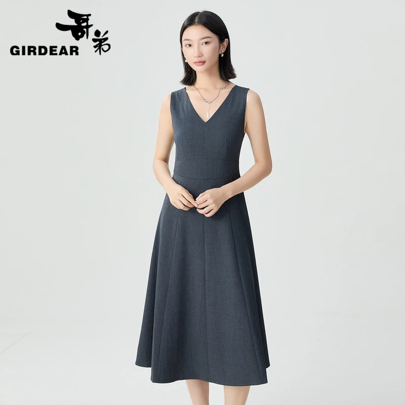 GIRDEAR/哥弟优雅V领收腰A摆连衣裙1500546