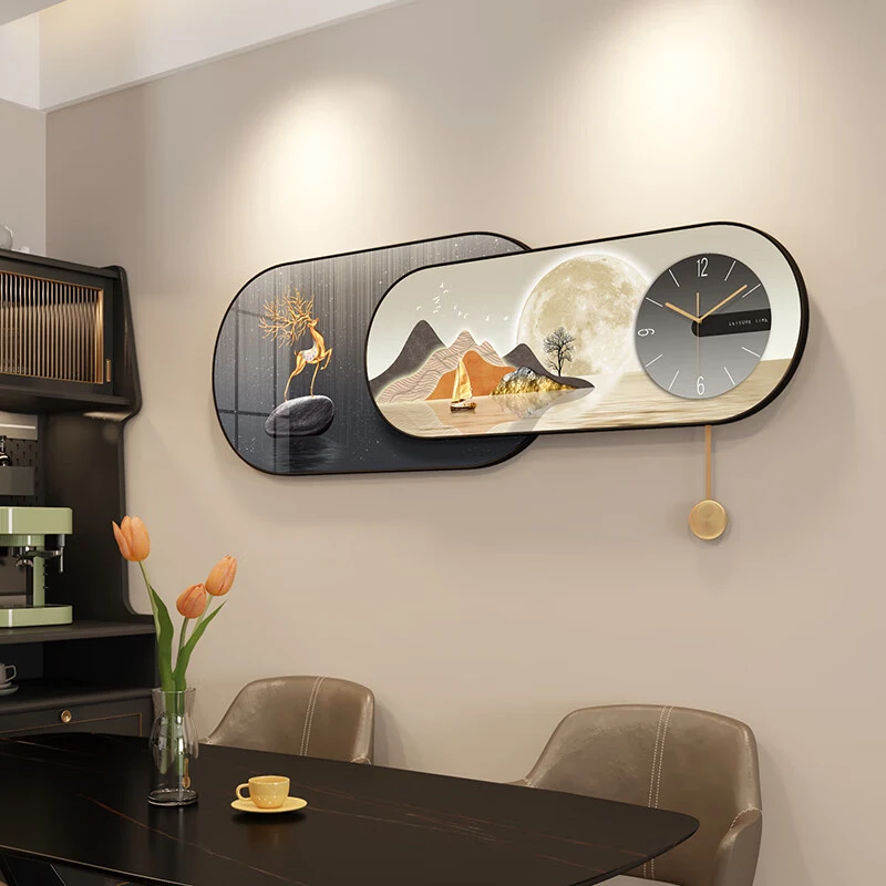 现代简约餐厅装饰画钟表挂画组合挂钟轻奢墙面壁画大气餐桌墙画