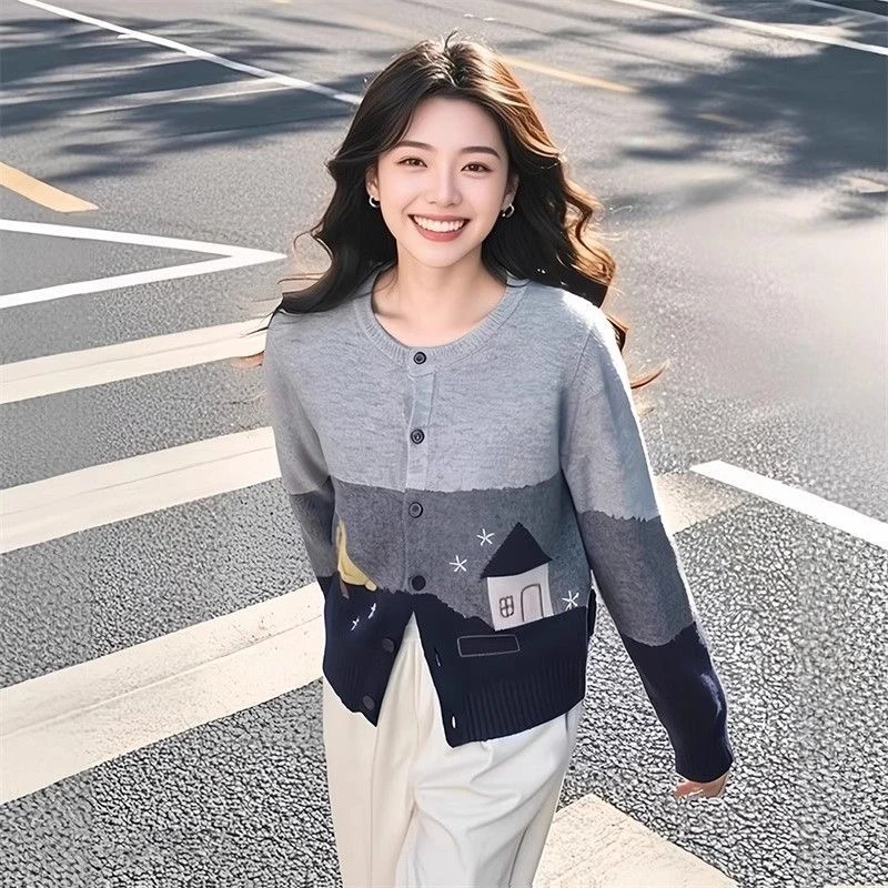 D0013新品金小金自制 绵羊毛开衫拼色毛衣女秋冬季软糯针织衫