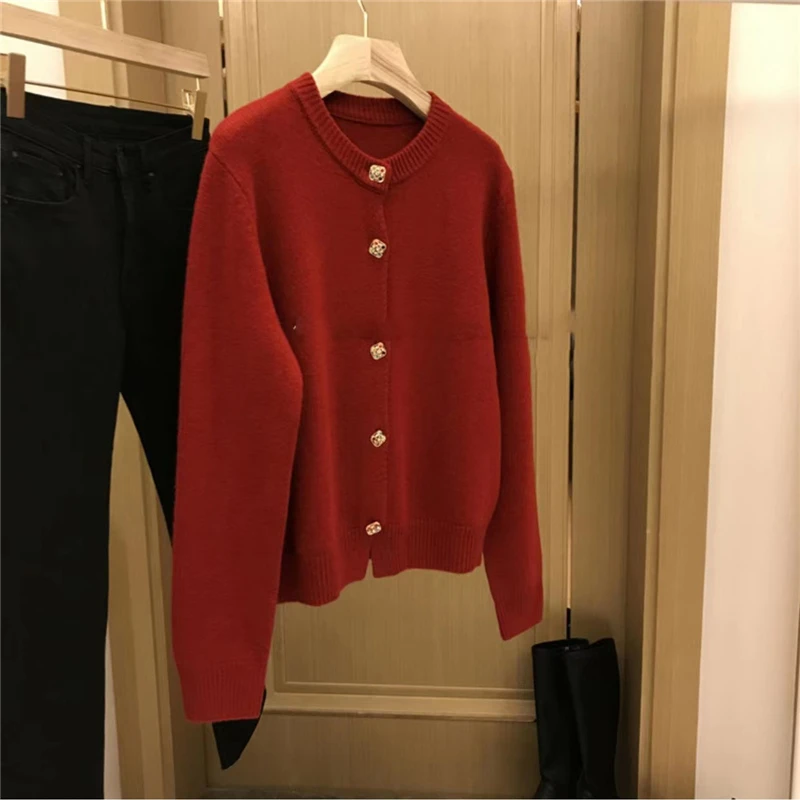 春秋新款圆领纯色单排扣开衫女针织衫上衣宽松外套女