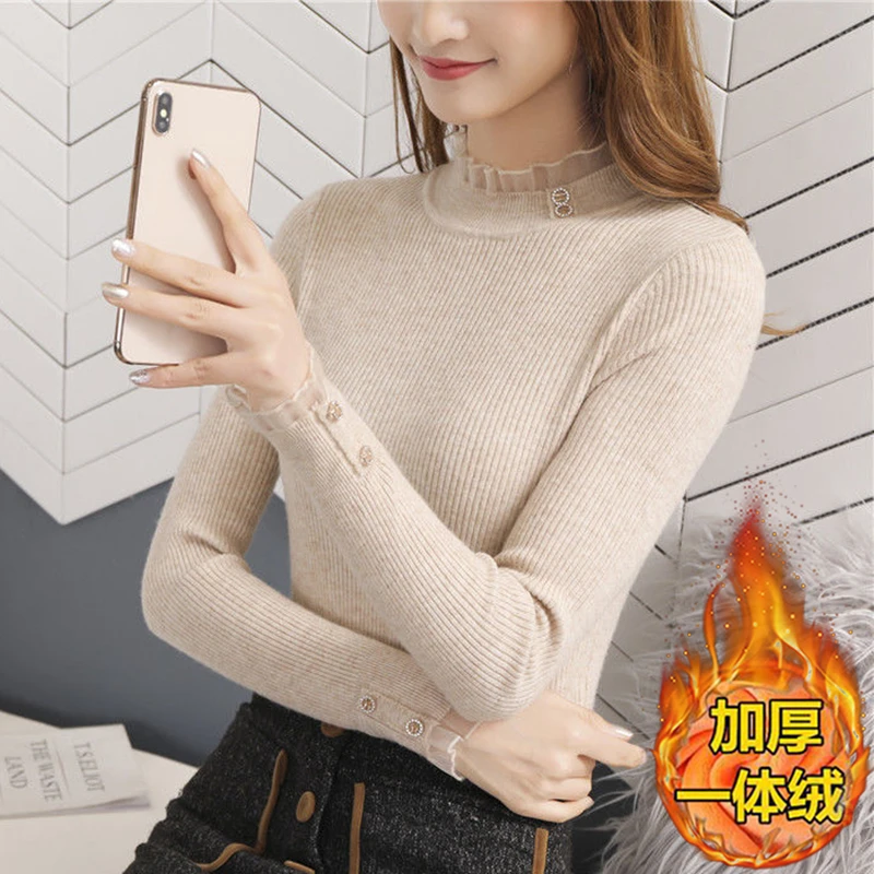 【一体绒】2025秋冬新款半高领针织打底衫长袖套头蕾丝修身毛衣女