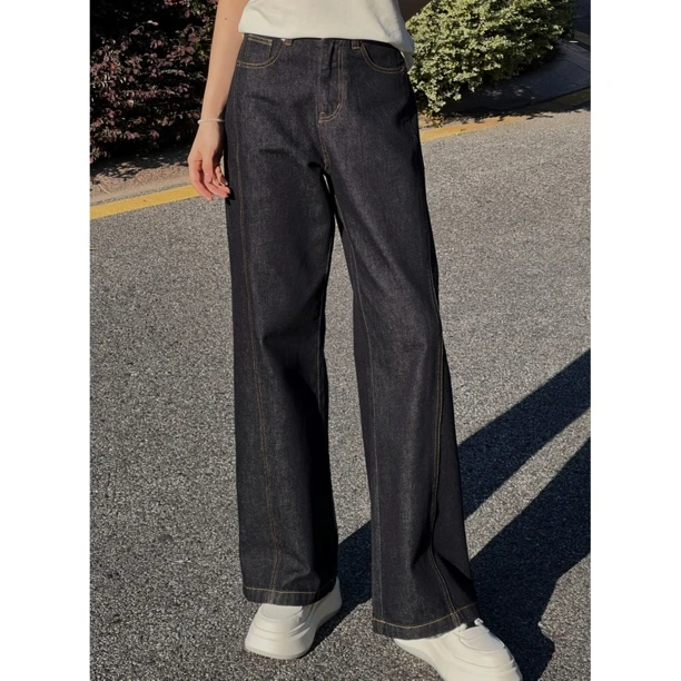 【之恩ZHIEN】春夏设计师款丹宁色实力显瘦斜裁拼接直筒牛仔裤