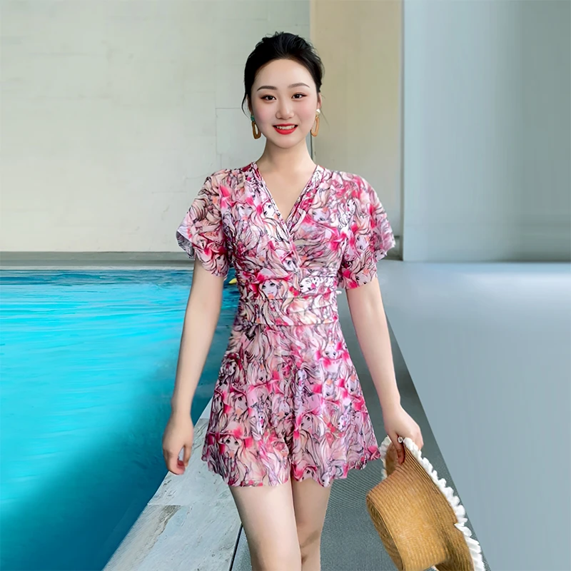 宜肤泳衣装女2023年新款大码微胖时尚遮肚显瘦连体裙式温泉保守