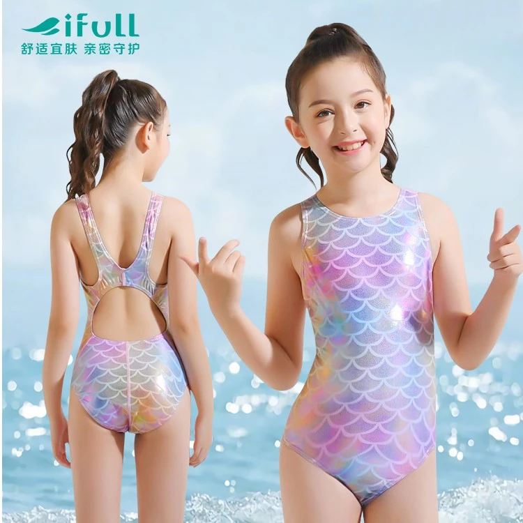 宜肤2025女童三角专业小中大童连体装 学游泳专业可爱泳装女孩