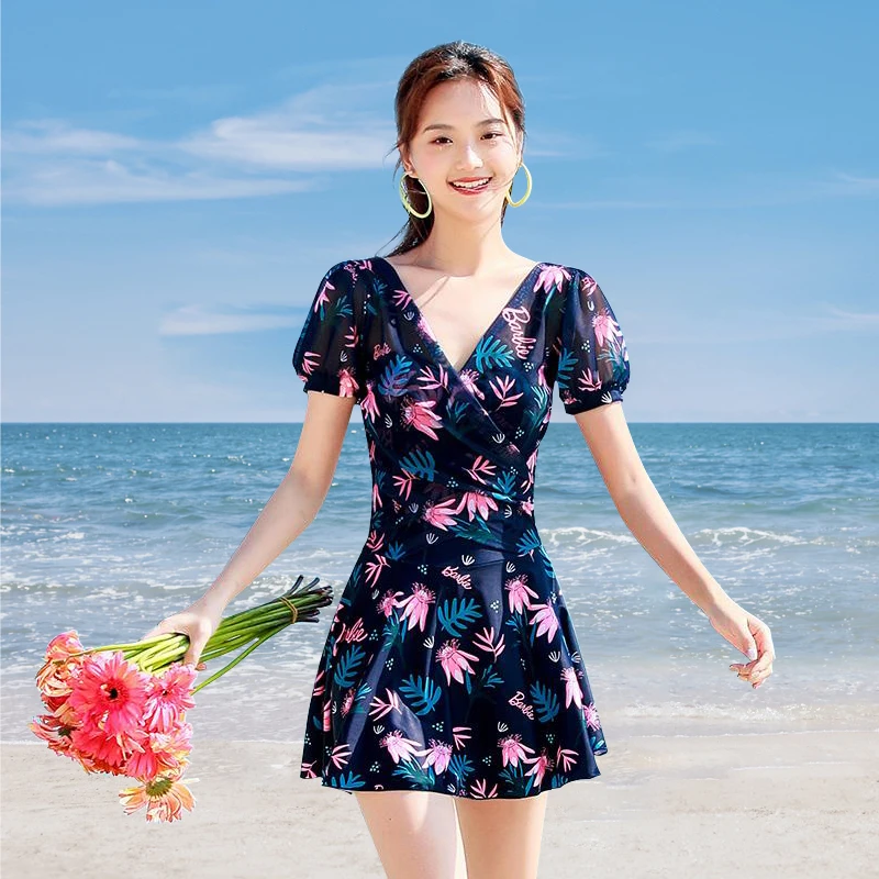 脱颖而出的泳装2023新款印花显瘦大码遮肚温泉度假连体裙保守泳衣