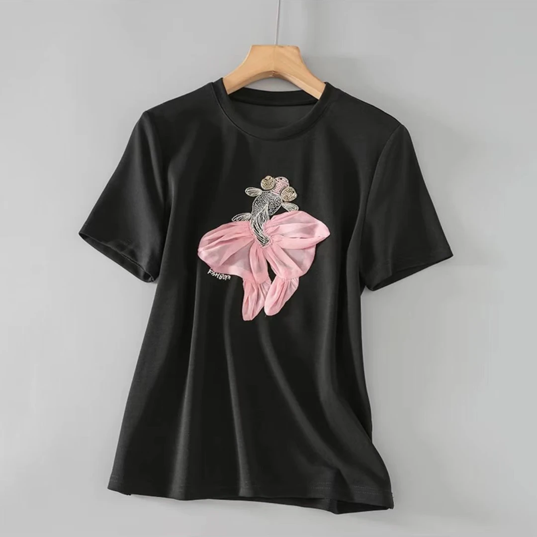 【锦衣服饰】松（8553）轻奢设计感重工小鱼百搭T恤