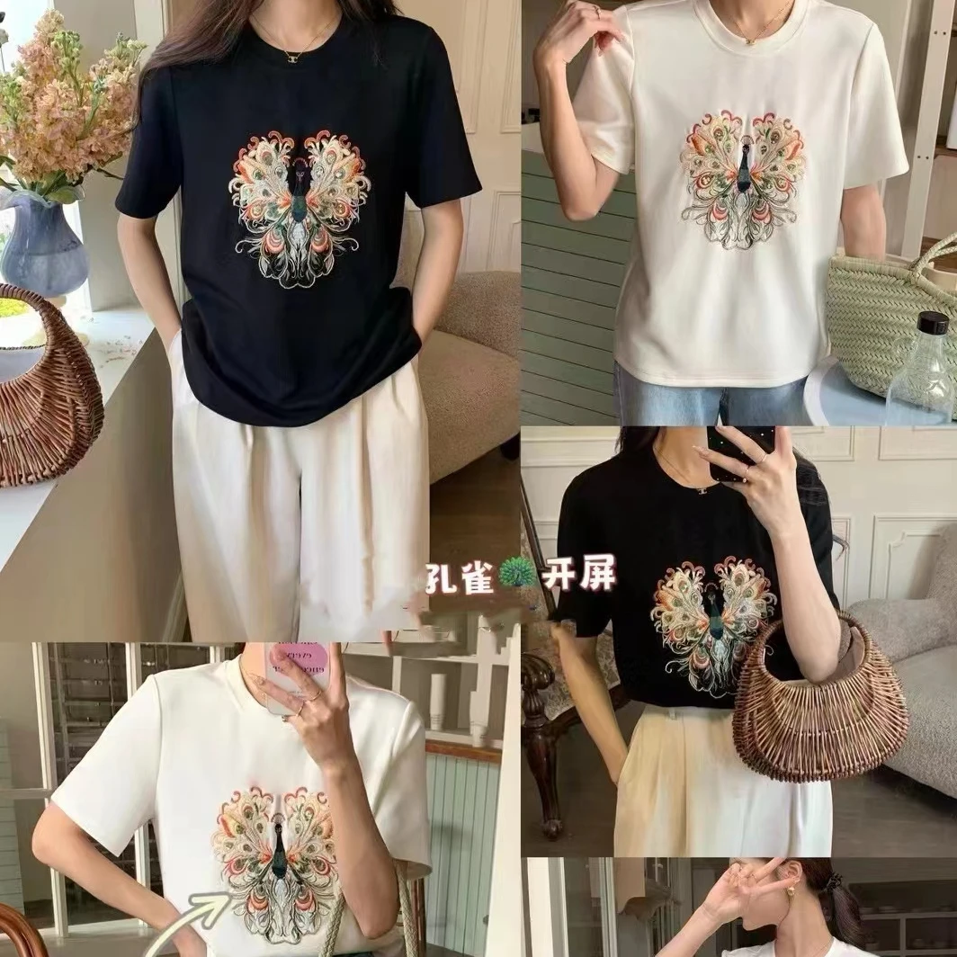 【锦衣 2024春夏季新款】妮26879时重工钉珠刺绣孔雀开屏百搭T恤