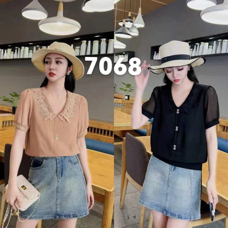 【锦衣服饰】7068蕾丝领短袖小衫