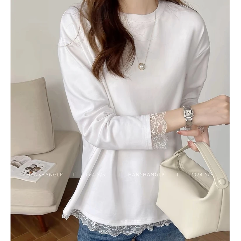 【锦衣服饰】妮2907白色设计感长袖圆领蕾丝边打底上衣