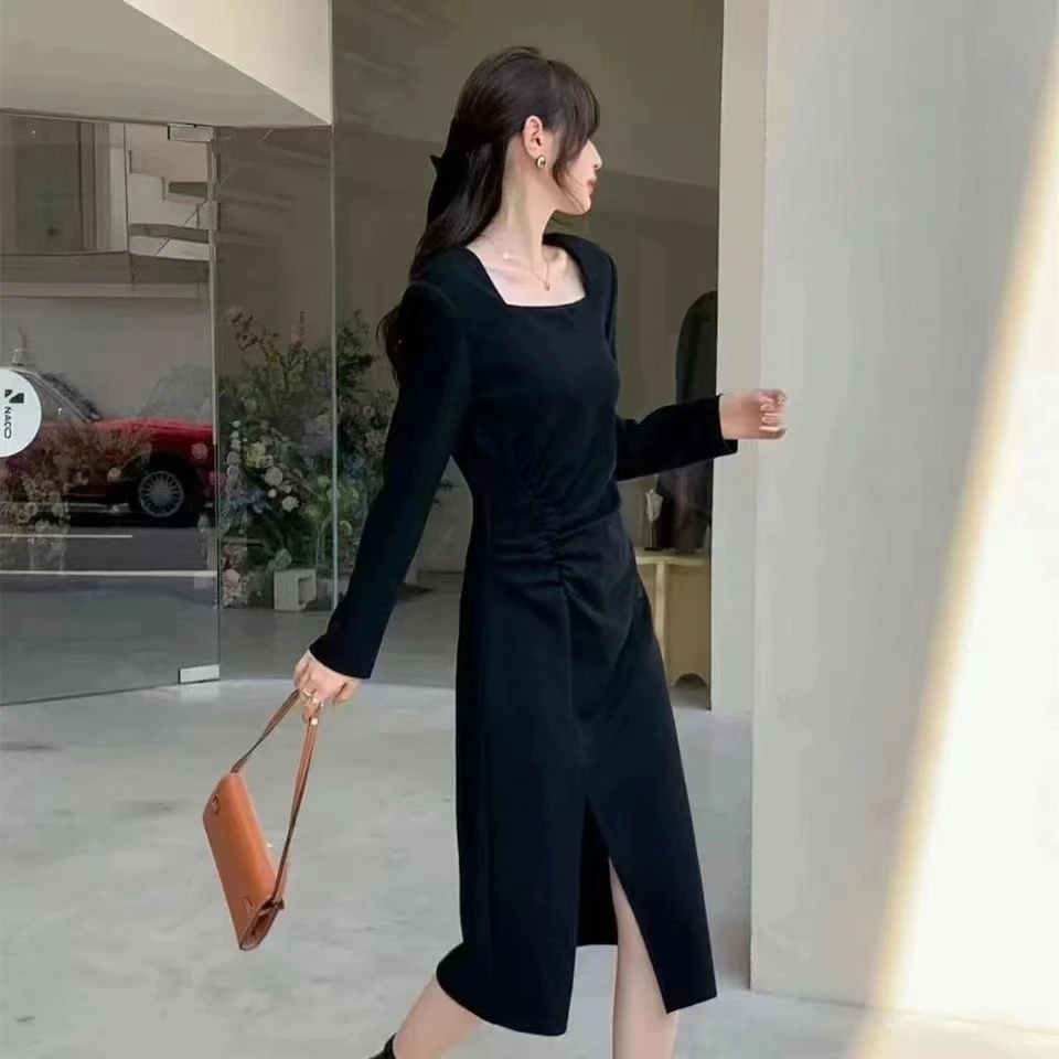 【锦衣服饰】8196欧货方领开叉时尚连衣裙