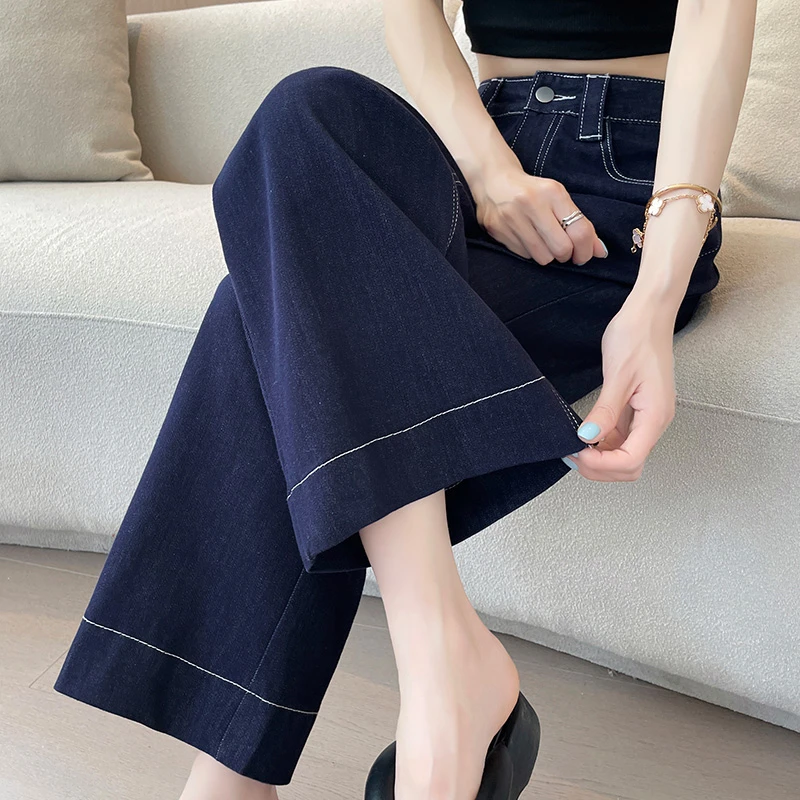 3337八分牛仔裤女薄款2024年夏季新款深蓝色高腰显瘦直筒